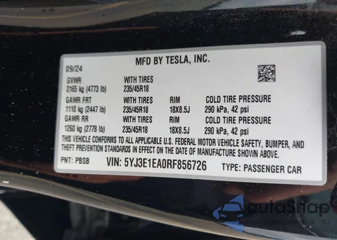 2024 Tesla Model 3 Long Range Dual Motor All-Wheel Drive/Rear-Wheel Drive из США, поврежденный, VIN 5YJ3E1EA0RF856726